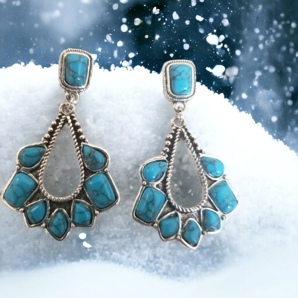 Boho Blue Faux Turquoise Drop Dangle Earrings 925 Silver Plated Colorful